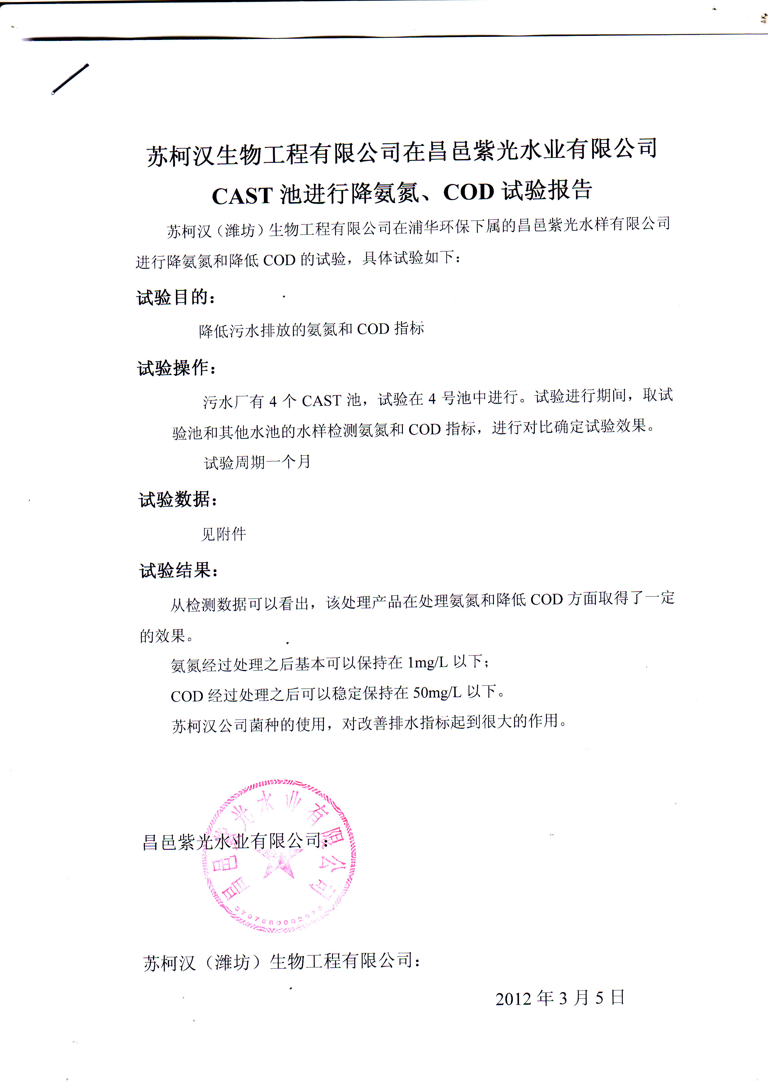 昌邑污水实验报告